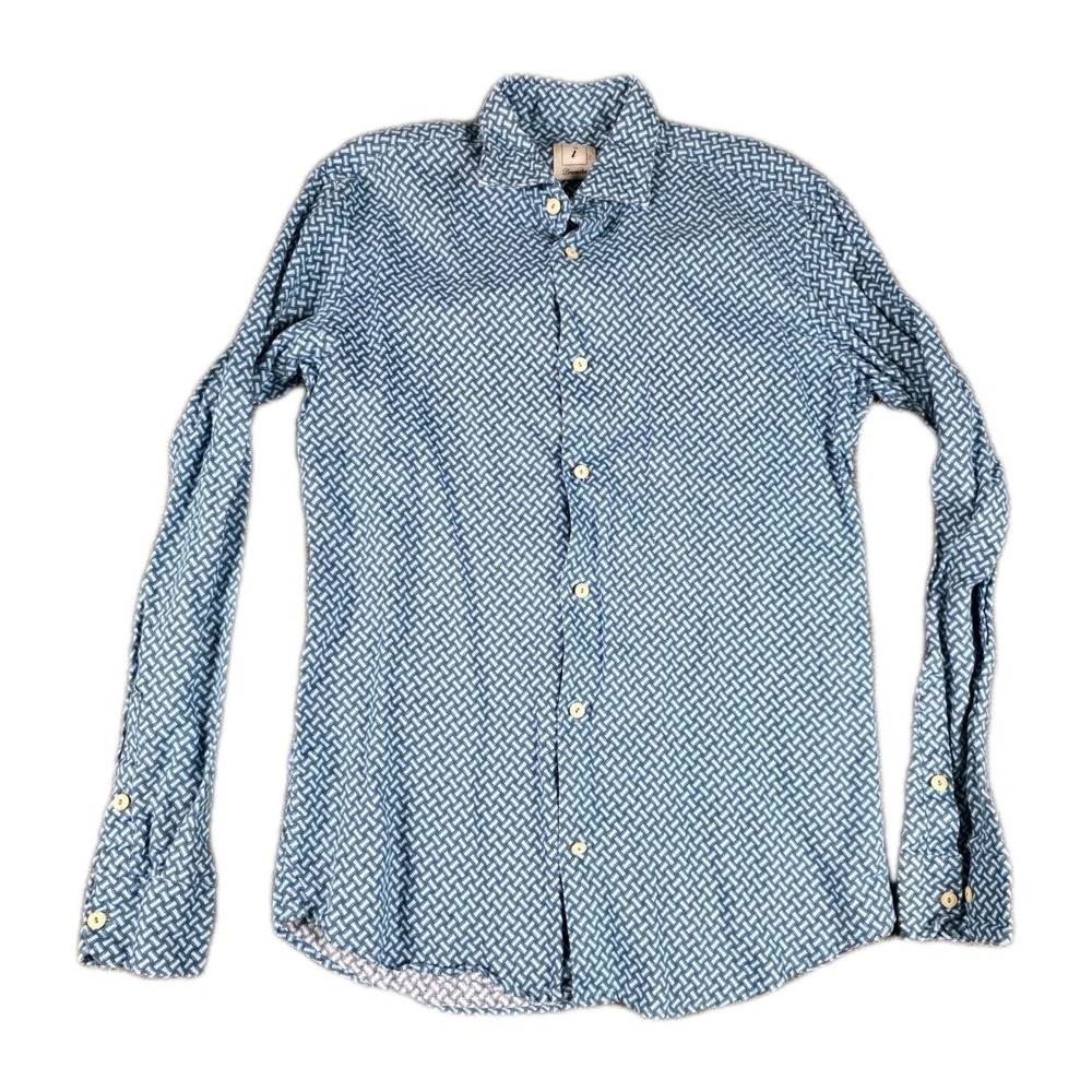 Drumohr | Button Down Blue Linen Men's Shirt Blue Geometric Print Sz S